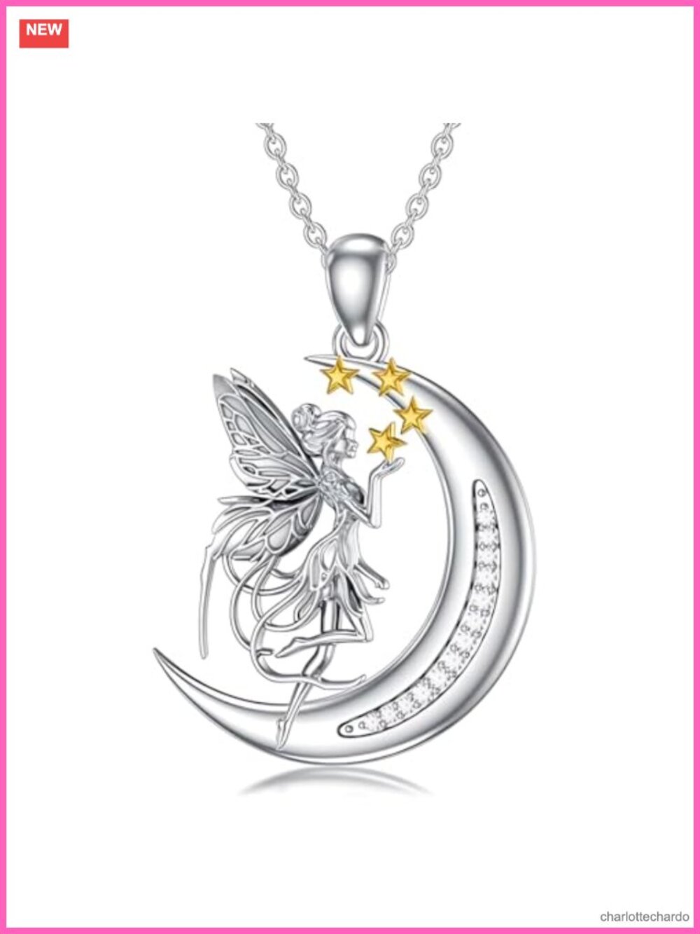Fairy Moon Star Necklace Angel Wings Crystal Elf Pendant Womens Fantasy Jewelry